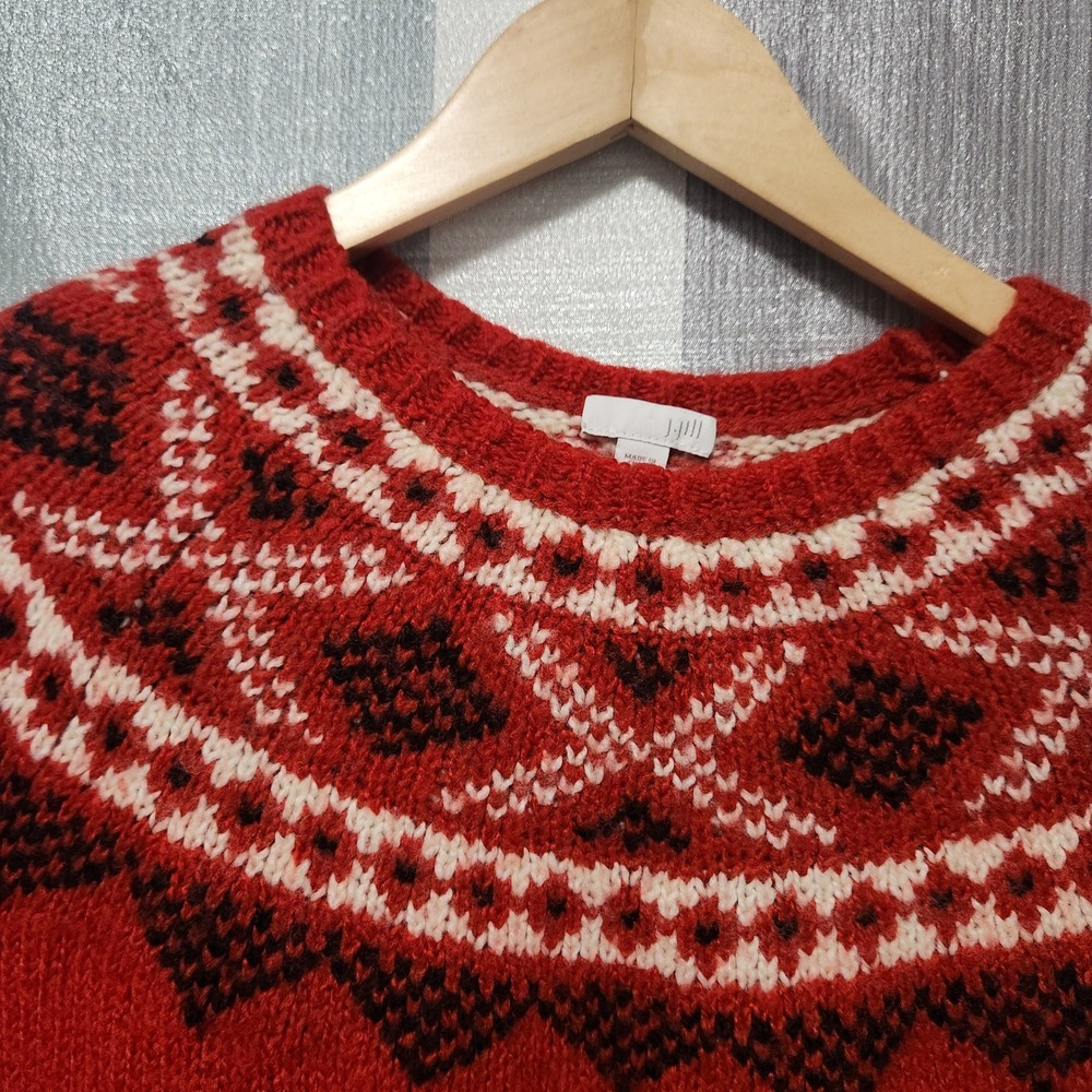 J. Jill Red Fair Isle Wool Blend Crew Neck Sweater Petite S Icelandic Norway